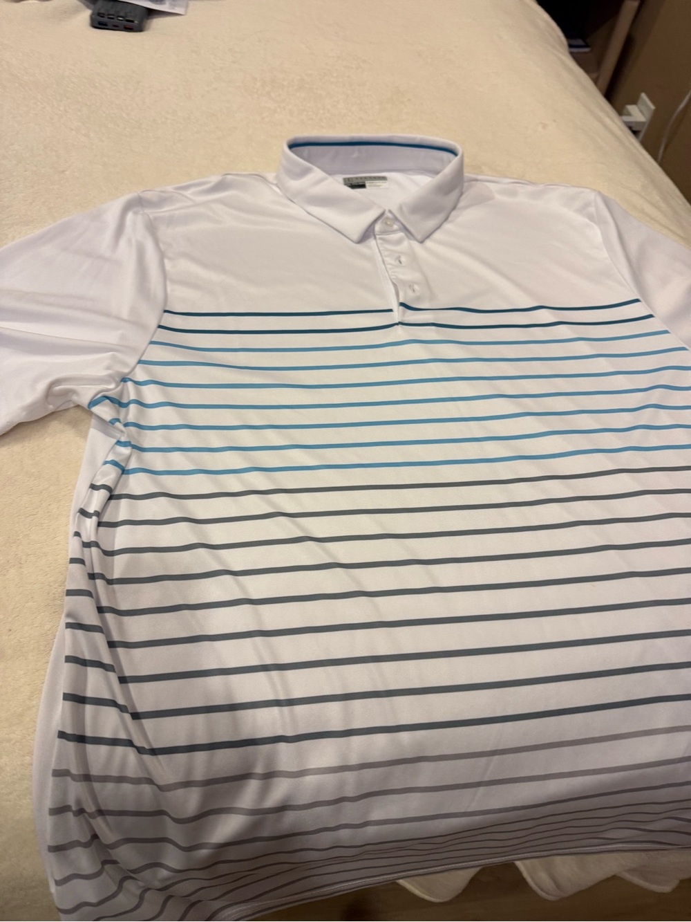 PGA Tour White Polo with Blue and Gray Stripes